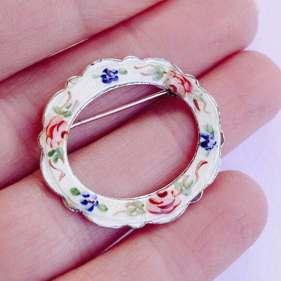 LaMode Sterling Silver Guilloche Floral Enamel Brooch Mid Century 1940s Pin - Picture 4 of 8